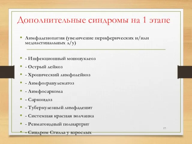 Дополнительные синдромы на 1 этапе Лимфаденопатия (увеличение периферических и/или медиастинальных л/у)