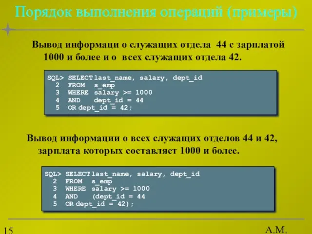 А.М. Гудов Порядок выполнения операций (примеры) Вывод информаци о служащих отдела