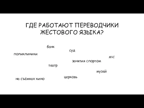 поликлиники ГДЕ РАБОТАЮТ ПЕРЕВОДЧИКИ ЖЕСТОВОГО ЯЗЫКА? театр суд музей МЧС на