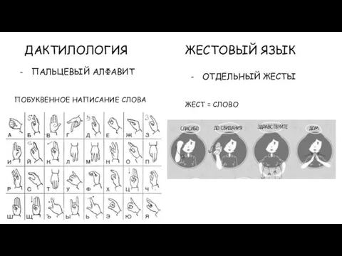 ДАКТИЛОЛОГИЯ ПАЛЬЦЕВЫЙ АЛФАВИТ ПОБУКВЕННОЕ НАПИСАНИЕ СЛОВА ЖЕСТОВЫЙ ЯЗЫК ОТДЕЛЬНЫЙ ЖЕСТЫ ЖЕСТ = СЛОВО