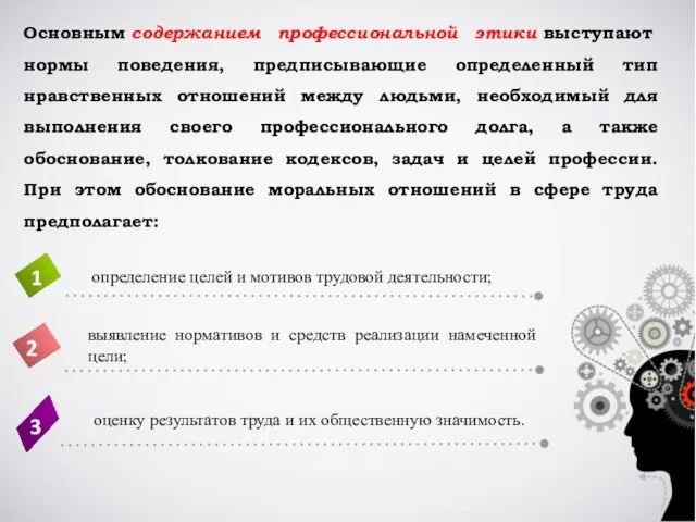 Основным содержанием профессиональной этики выступают нормы поведения, предписывающие определенный тип нравственных