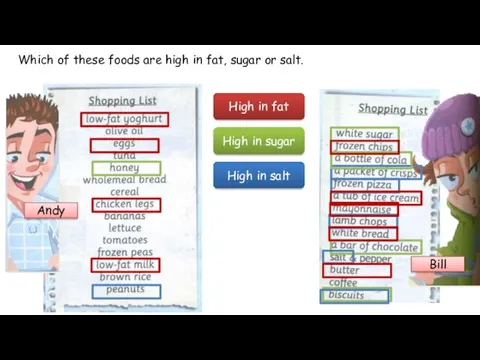 Which of these foods are high in fat, sugar or salt.