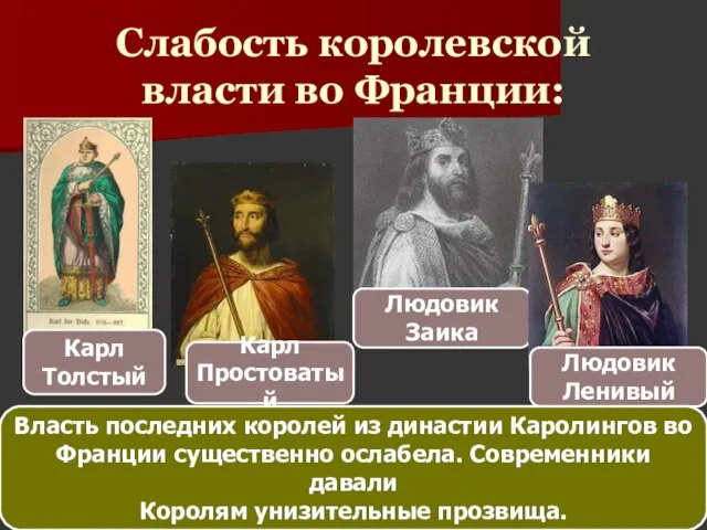 Слабость королевской власти во Франции: Карл Толстый Карл Простоватый Людовик Заика