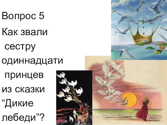 Вопрос 5 Как звали сестру одиннадцати принцев из сказки “Дикие лебеди”?