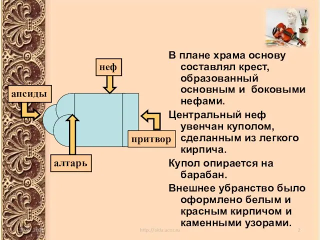 В плане храма основу составлял крест, образованный основным и боковыми нефами.