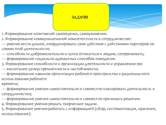 ЗАДАЧИ 1. Формирование позитивной самооценки, самоуважения. 2. Формирование коммуникативной компетентности в