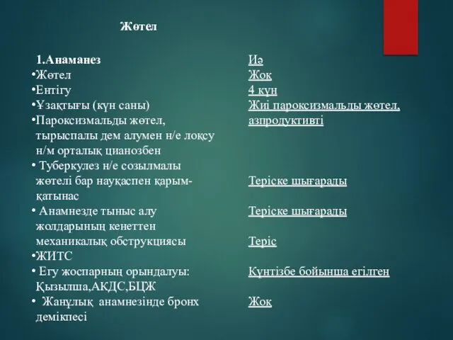 Жөтел 1.Анаманез Жөтел Ентігу Ұзақтығы (күн саны) Пароксизмальды жөтел,тырыспалы дем алумен