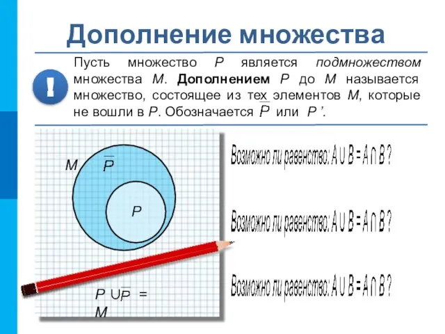 Дополнение множества Пусть множество P является подмножеством множества М. Дополнением P