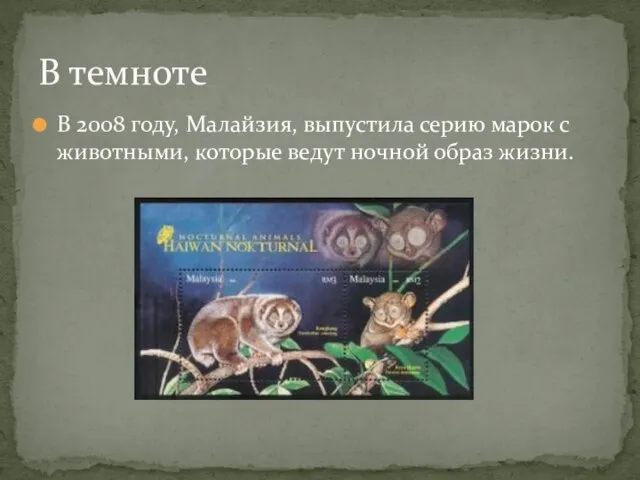 В 2008 году, Малайзия, выпустила серию марок с животными, которые ведут ночной образ жизни. В темноте