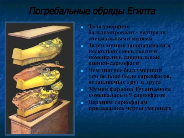 Погребальные обряды Египта Тело умершего бальзамировали - натирали специальными мазями Затем