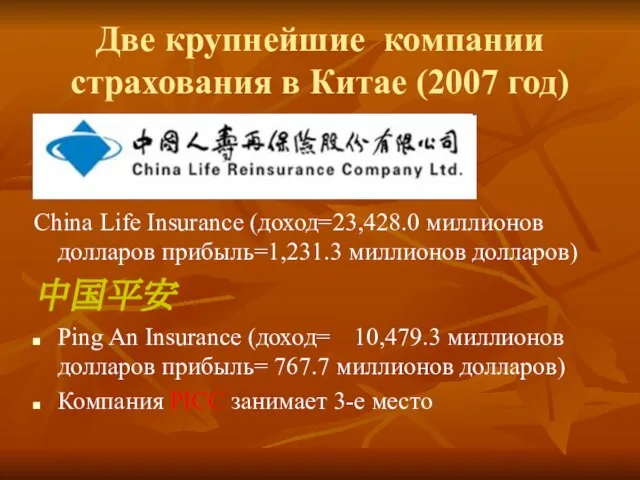 Две крупнейшие компании страхования в Китае (2007 год) China Life Insurance