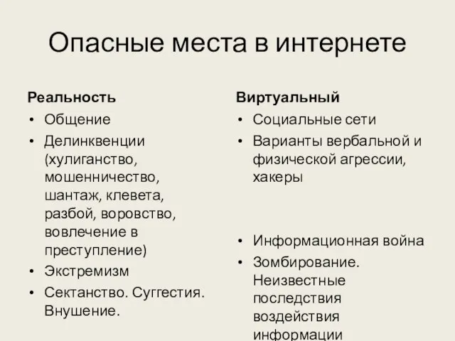 Опасные места в интернете Реальность Общение Делинквенции (хулиганство, мошенничество, шантаж, клевета,