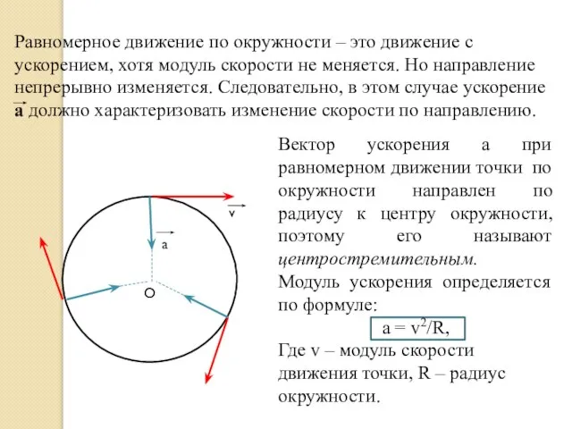 Равномерное движение по окружности – это движение с ускорением, хотя модуль