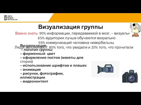 Визуализация группы Важно знать: 90% информации, передаваемой в мозг, – визуальная