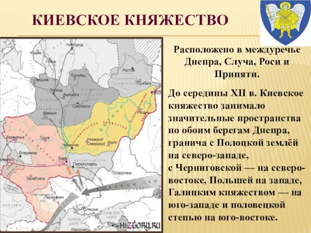 КИЕВСКОЕ КНЯЖЕСТВО Расположено в междуречье Днепра, Случа, Роси и Припяти. До