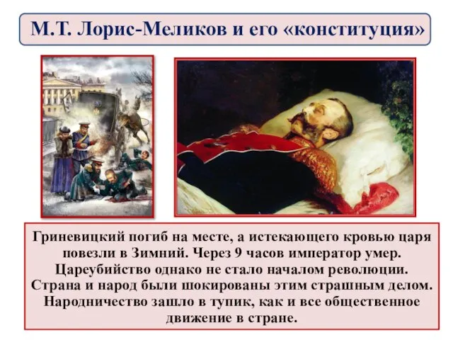 Гриневицкий погиб на месте, а истекающего кровью царя повезли в Зимний.