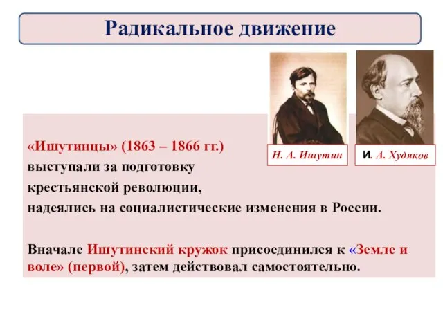 «Ишутинцы» (1863 – 1866 гг.) выступали за подготовку крестьянской революции, надеялись