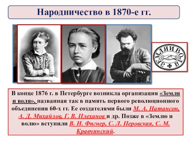 В конце 1876 г. в Петербурге возникла организация «Земля и воля»,