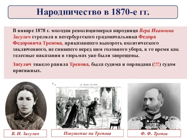 В январе 1878 г. молодая революционерка народница Вера Ивановна Засулич стреляла