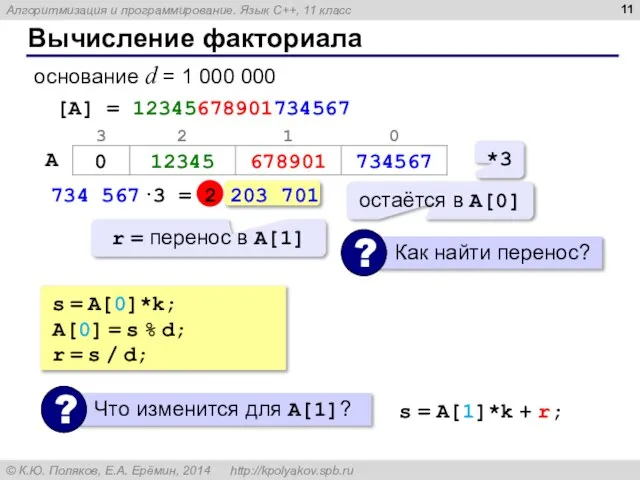 Вычисление факториала основание d = 1 000 000 [A] = 12345678901734567