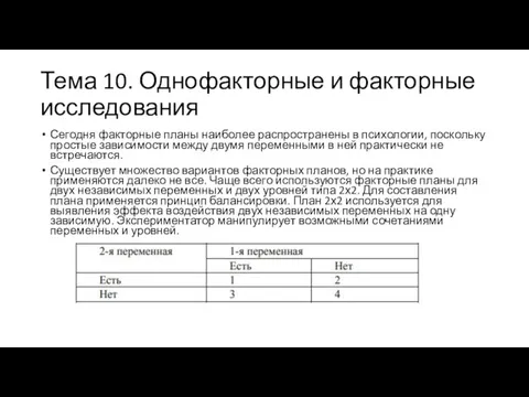 Тема 10. Однофакторные и факторные исследования Сегодня факторные планы наиболее распространены