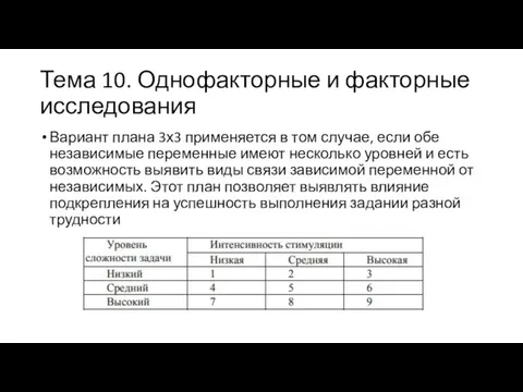 Тема 10. Однофакторные и факторные исследования Вариант плана 3х3 применяется в