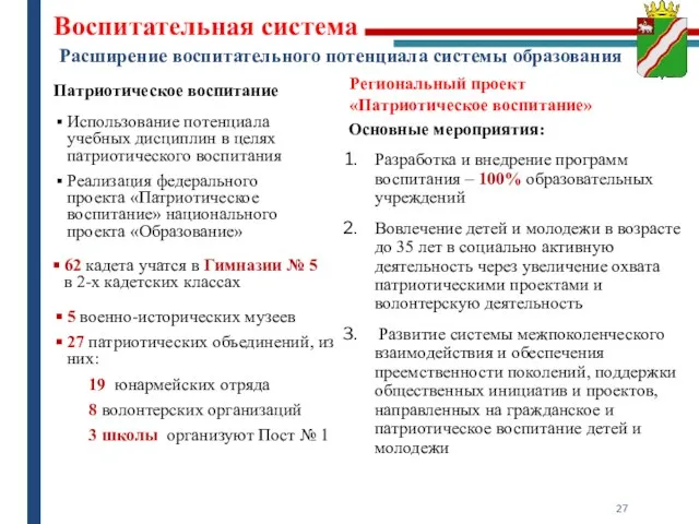 Расширение воспитательного потенциала системы образования Воспитательная система Патриотическое воспитание Использование потенциала