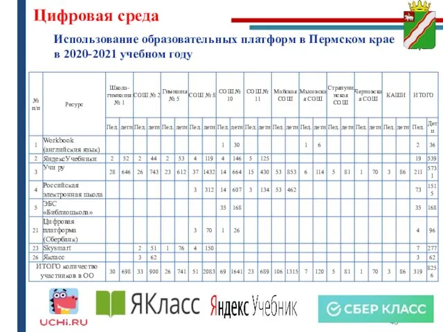 Цифровая среда Использование образовательных платформ в Пермском крае в 2020-2021 учебном году