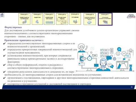 Формулировка Для достижения устойчивого успеха организации управляют своими взаимоотношениями с соответствующими