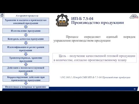 Подготовка к отправке и хранение ИП-Б 7.5-04 Производство продукции Процесс определяет