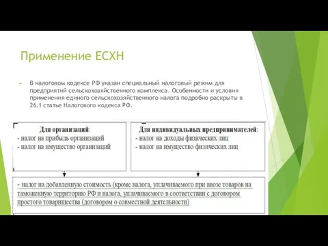 Применение ЕСХН В налоговом кодексе РФ указан специальный налоговый режим для
