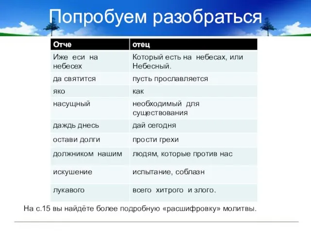 Попробуем разобраться На с.15 вы найдёте более подробную «расшифровку» молитвы.