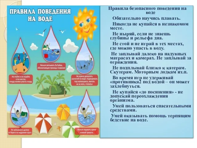 Правила безопасного поведения на воде Обязательно научись плавать. Никогда не купайся