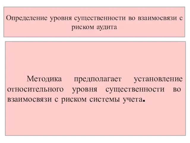 Определение уровня существенности во взаимосвязи с риском аудита Методика предполагает установление