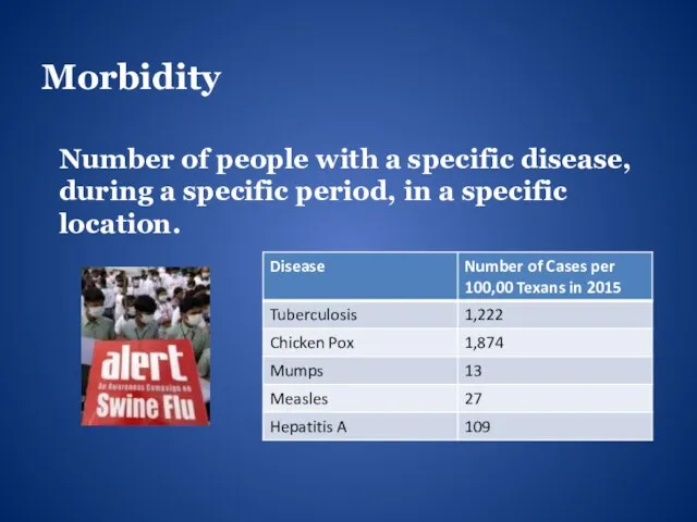 Morbidity Number of people with a specific disease, during a specific period, in a specific location.