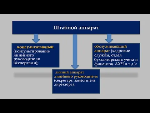 Штабной аппарат консультативный (консультирование линейного руководителя экспертами); обслуживающий аппарат (кадровые службы,