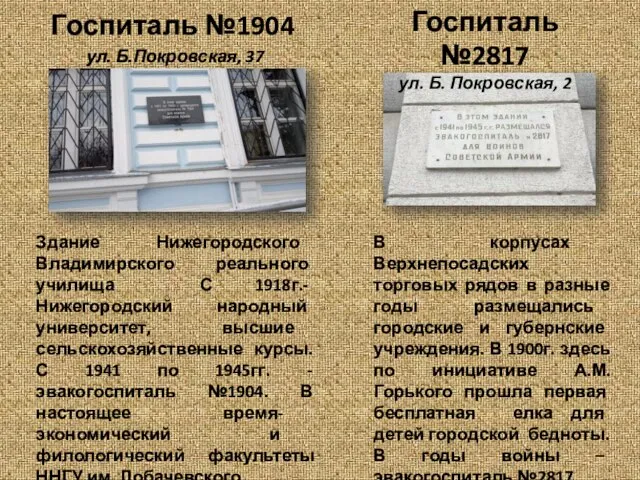 Госпиталь №1904 ул. Б.Покровская, 37 Здание Нижегородского Владимирского реального училища С