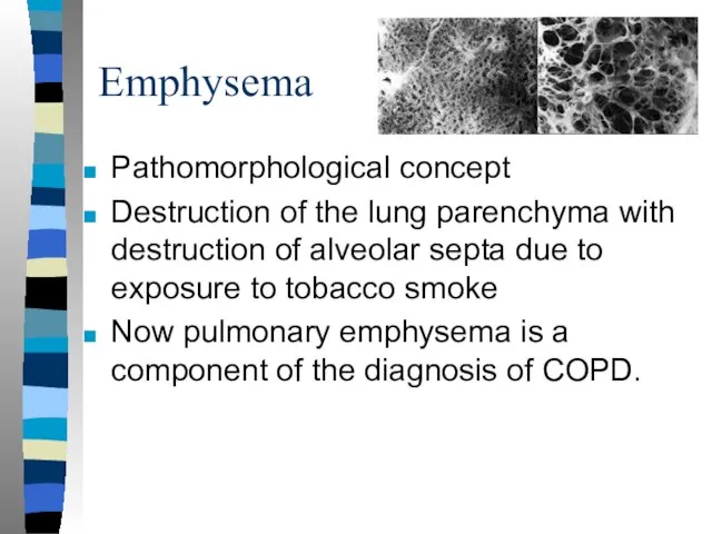 Emphysema Pathomorphological concept Destruction of the lung parenchyma with destruction of