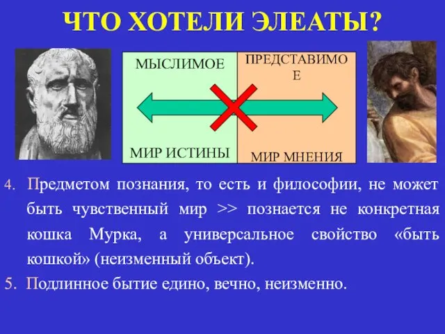 ЧТО ХОТЕЛИ ЭЛЕАТЫ? МЫСЛИМОЕ МИР ИСТИНЫ ПРЕДСТАВИМОЕ МИР МНЕНИЯ 4. Предметом