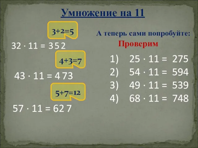 Умножение на 11 32 · 11 = 3+2=5 3 2 5