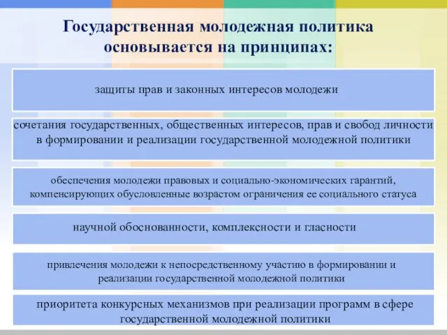 Государственная молодежная политика основывается на принципах: защиты прав и законных интересов