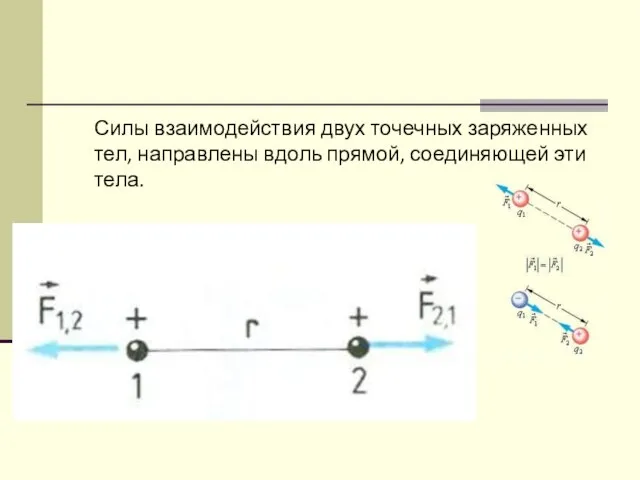 Силы взаимодействия двух точечных заряженных тел, направлены вдоль прямой, соединяющей эти тела.