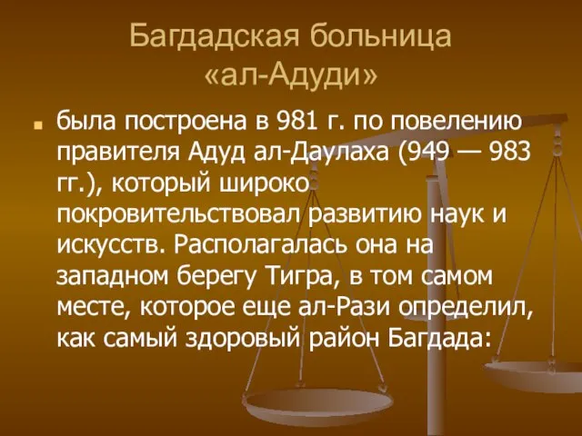 Багдадская больница «ал-Адуди» была построена в 981 г. по повелению правителя