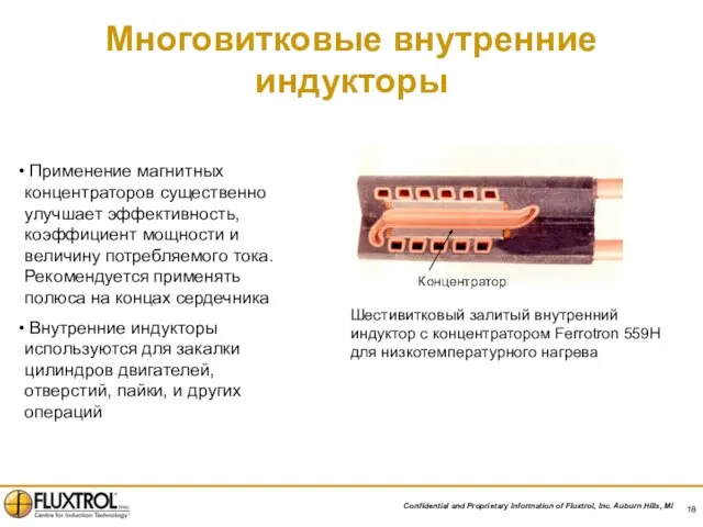 Многовитковые внутренние индукторы Применение магнитных концентраторов существенно улучшает эффективность, коэффициент мощности