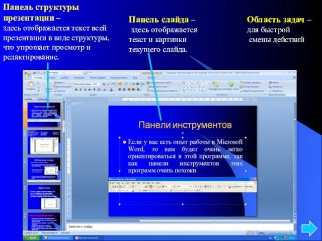 Панель структуры презентации – здесь отображается текст всей презентации в виде