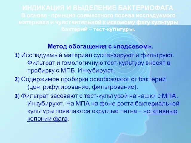 ИНДИКАЦИЯ И ВЫДЕЛЕНИЕ БАКТЕРИОФАГА. В основе - принцип совместного посева исследуемого