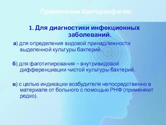 Применение бактериофагов. 1. Для диагностики инфекционных заболеваний. а) для определения видовой