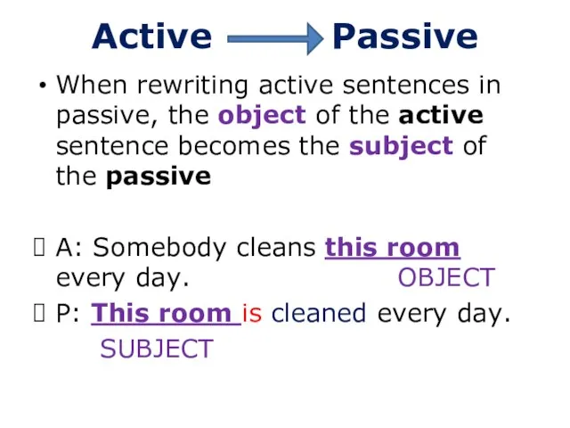 Active Passive When rewriting active sentences in passive, the object of