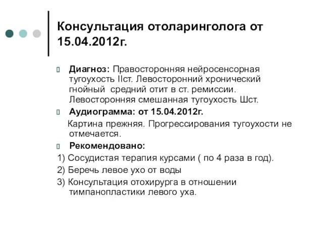 Консультация отоларинголога от 15.04.2012г. Диагноз: Правосторонняя нейросенсорная тугоухость IIст. Левосторонний хронический