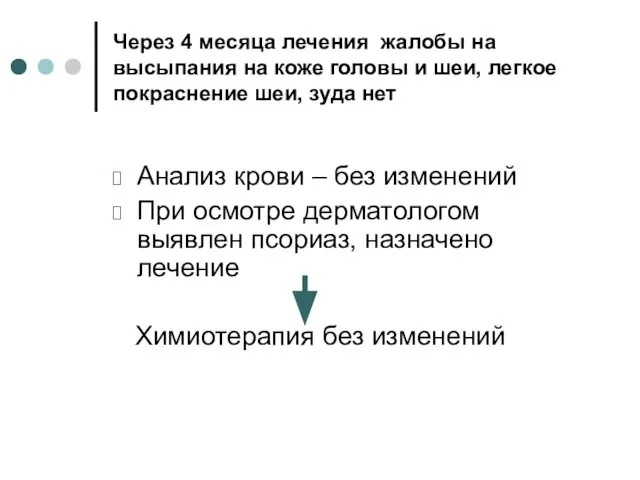 Через 4 месяца лечения жалобы на высыпания на коже головы и